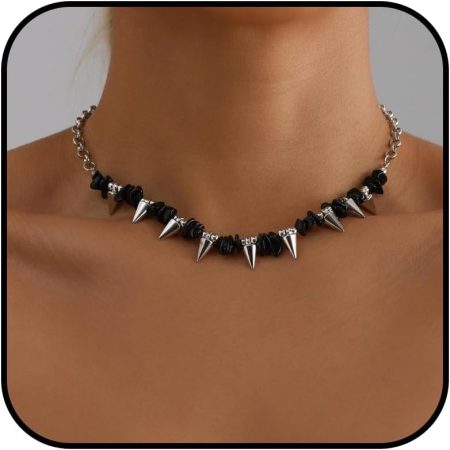 Black & Silver-Tone Spike Necklace – Gothic Punk Short Chain