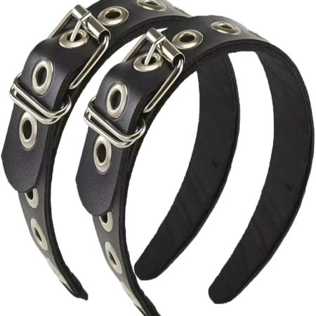 2-Piece Gothic Punk Buckle Headband Set – Black Belt-Look Design