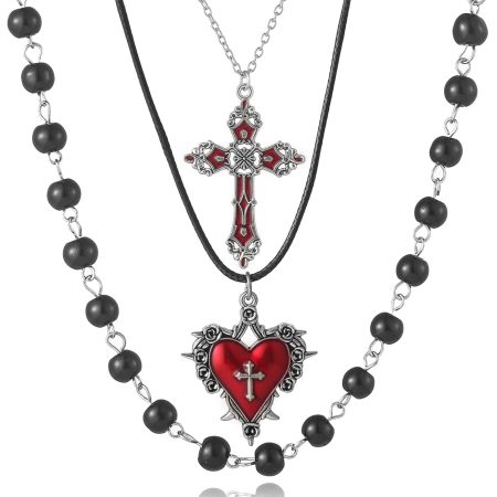 Gothic Layered Necklace – Cross & Heart Pendants, Red & Black