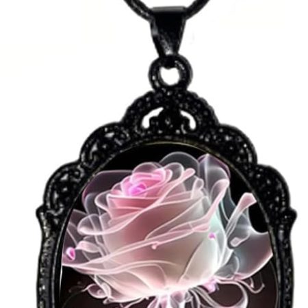 Gothic Floral Image Pendant Necklace – Black, Pink & White